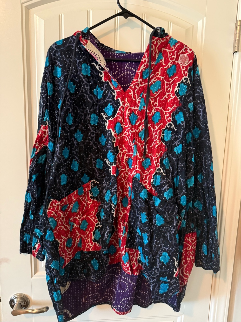 Boho Patchwork Hooded Tunic - Blue & Red